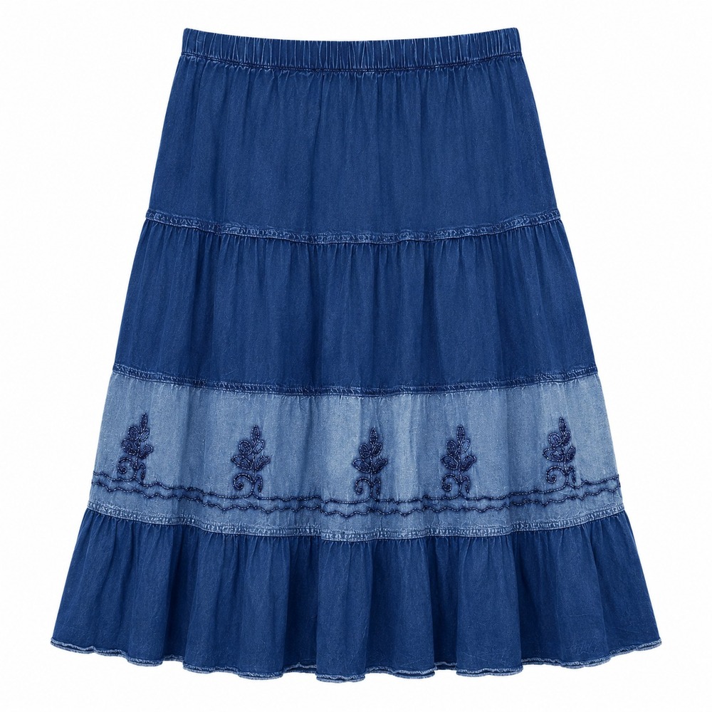 Studio West Blue Tiered Renaissance Embroidered Midi Skirt Size Medium Festival